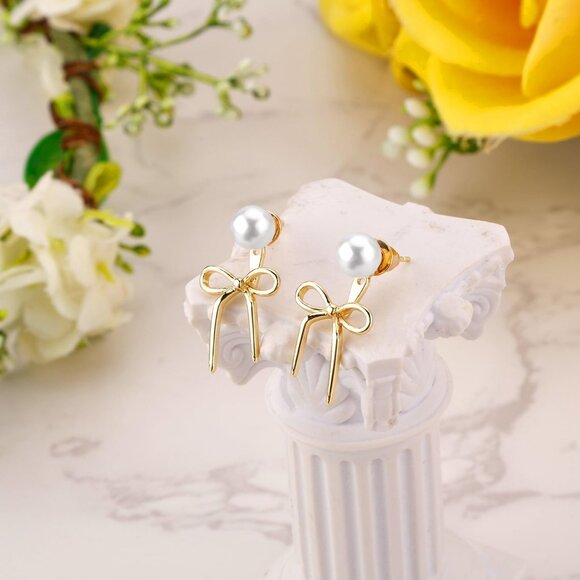 Women's Gold Dainty Pearl Bow Trendy Drop Dangle Earrings Statement Jewelry - Picture 3 of 7